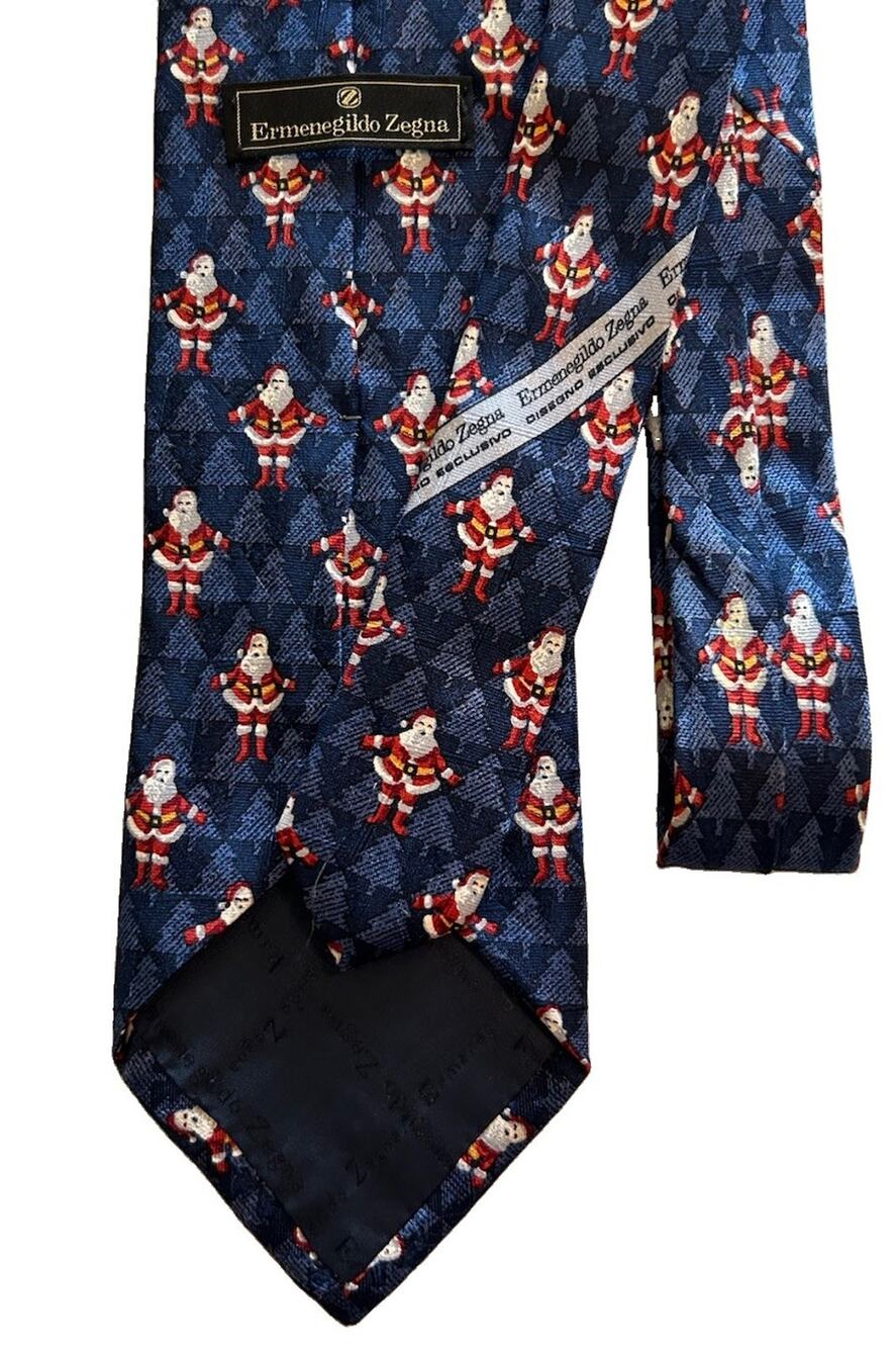 Ermenegildo Zegna Holiday Navy Silk Tie 3.75” Santa Claus Christmas Trees Luxury